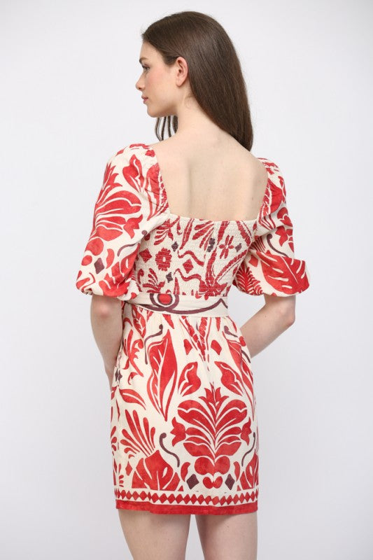 FT Tropical Linen Tie Waist Mini- Red
