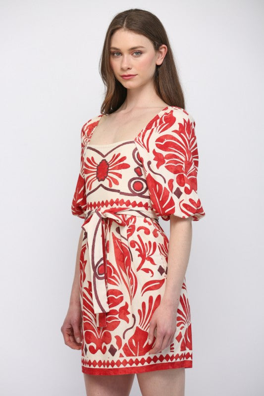 FT Tropical Linen Tie Waist Mini- Red