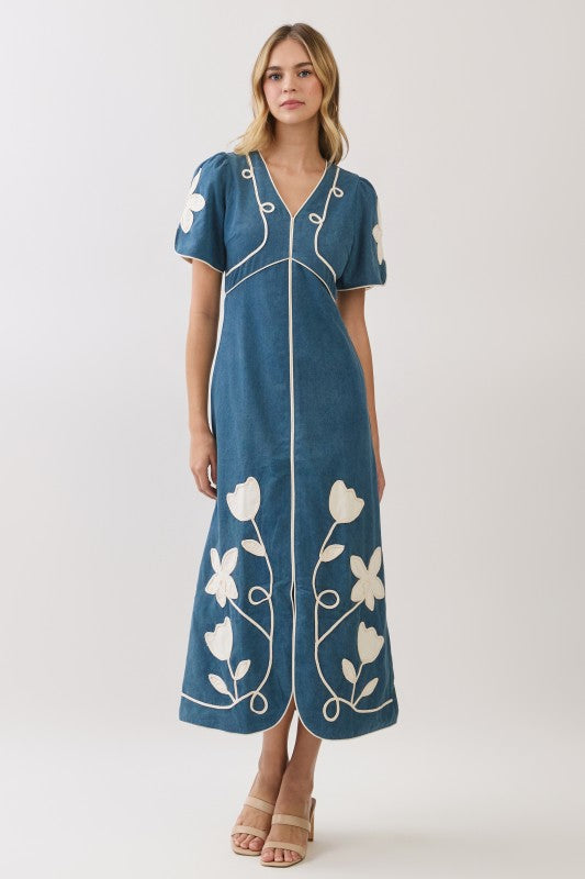 TC Denim Floral Appliqué Trim Midi