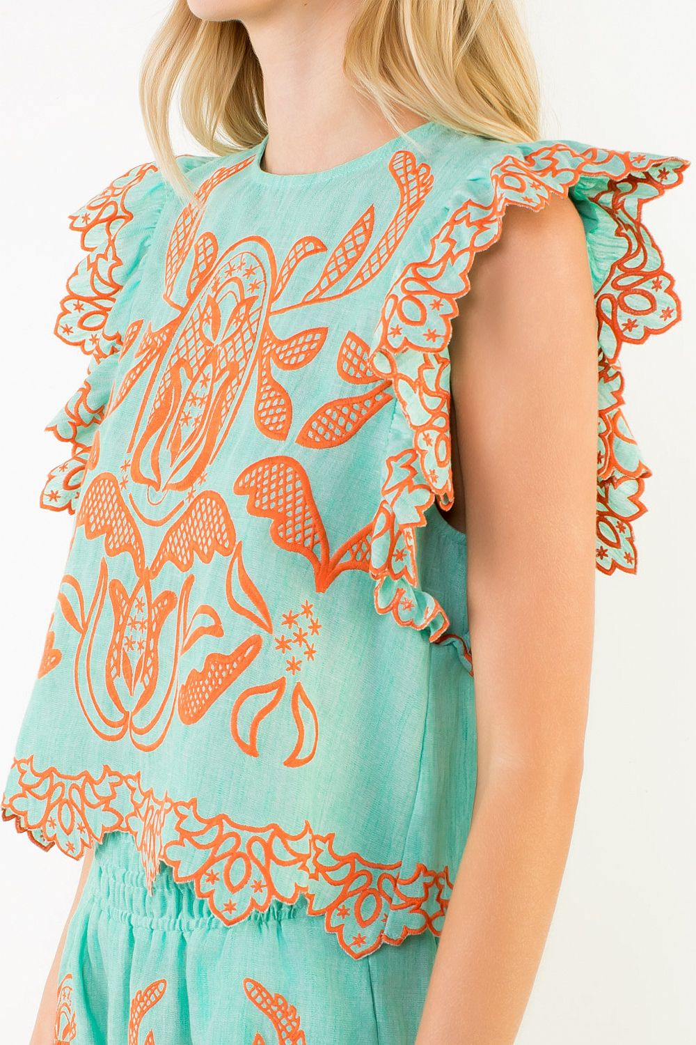 THML Flutter Slv Embroidery Short Set- Mint