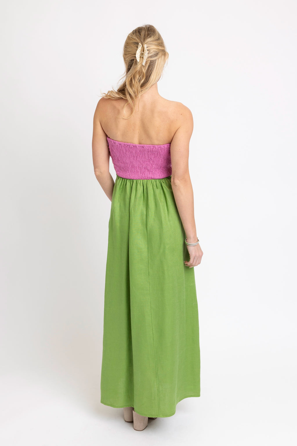 Karlie Linen Block Strapless Maxi- grn/pnk