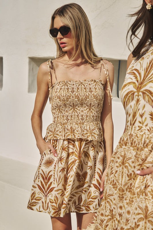 SL Calina Tropical Smock Mini Dress-Brown