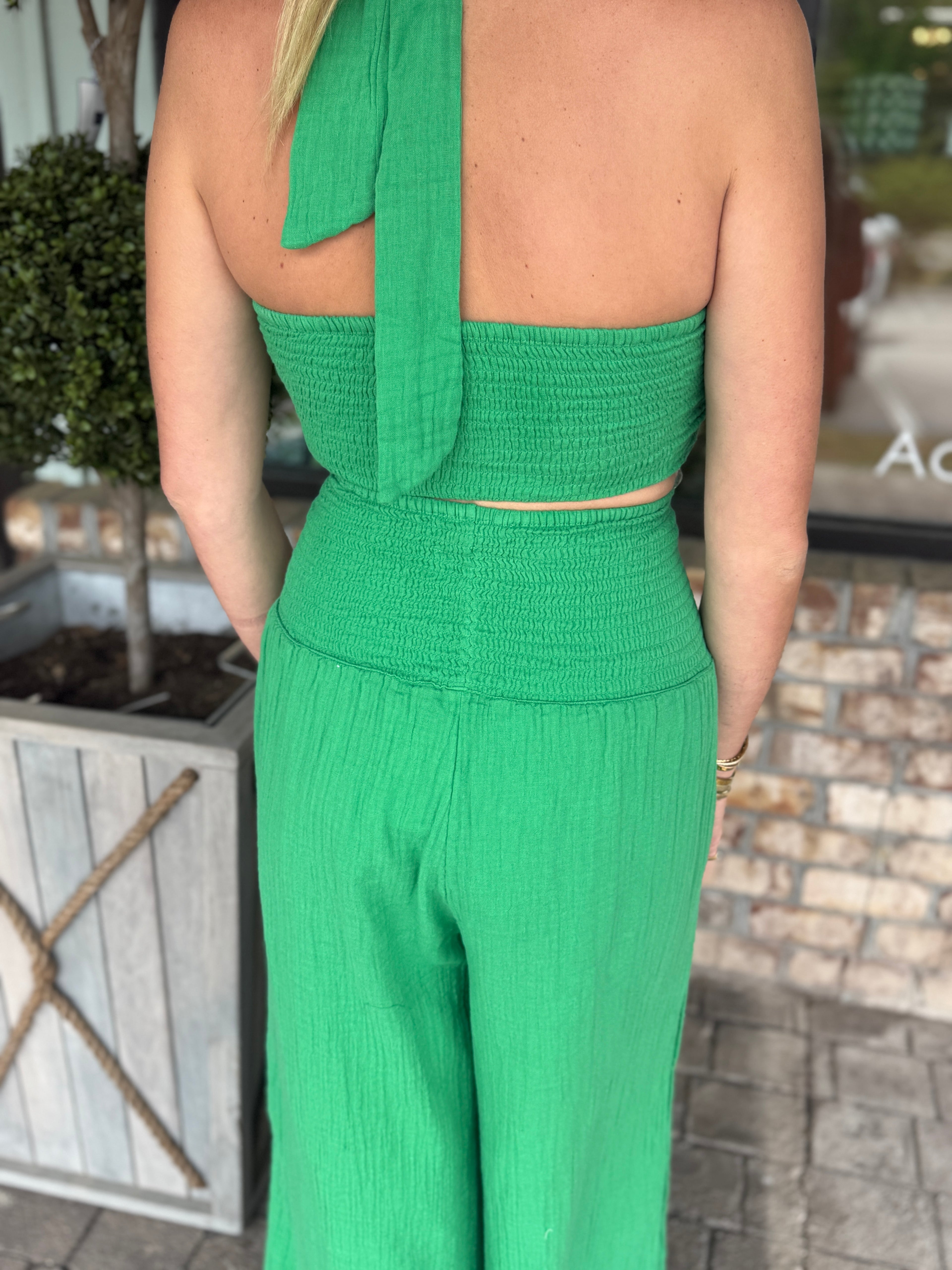 Elan Halter Smocked Jumpsuit- Green