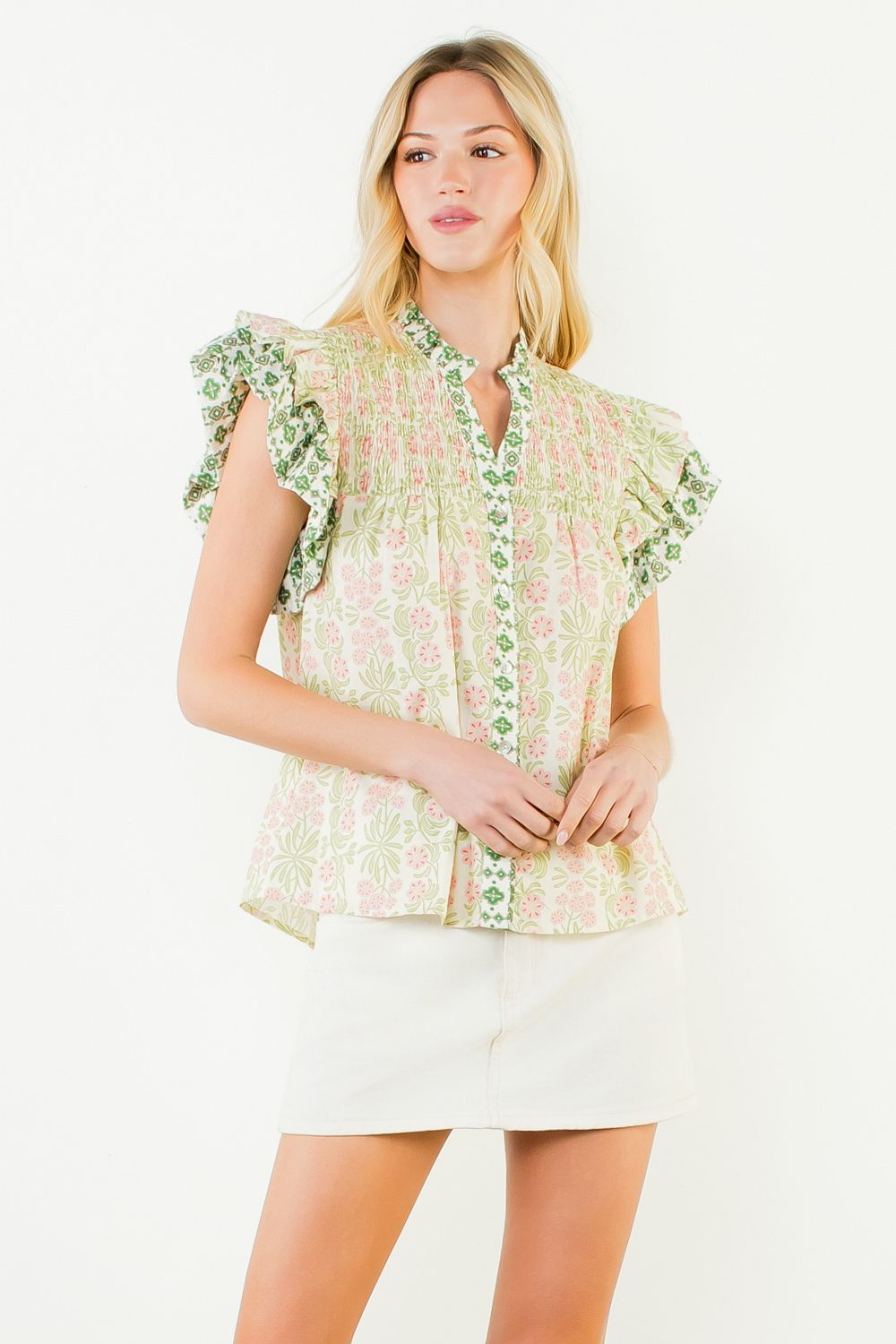 THML Floral Pattern VNeck Top- Lime