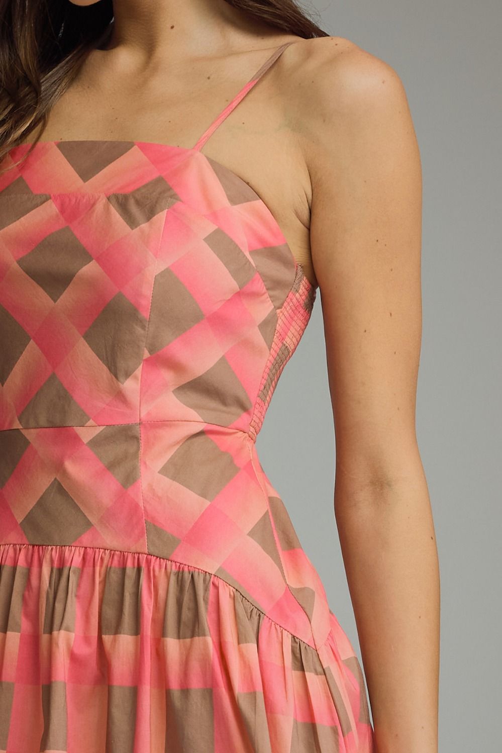 ETO Plaid Smock Back Midi Dress-coral