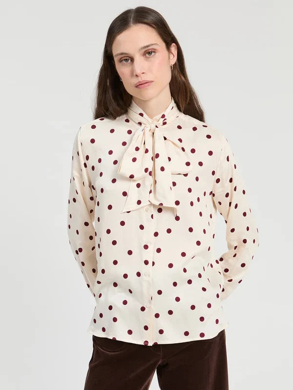Vilagallo Polka Dot Tie Blouse- Maroon
