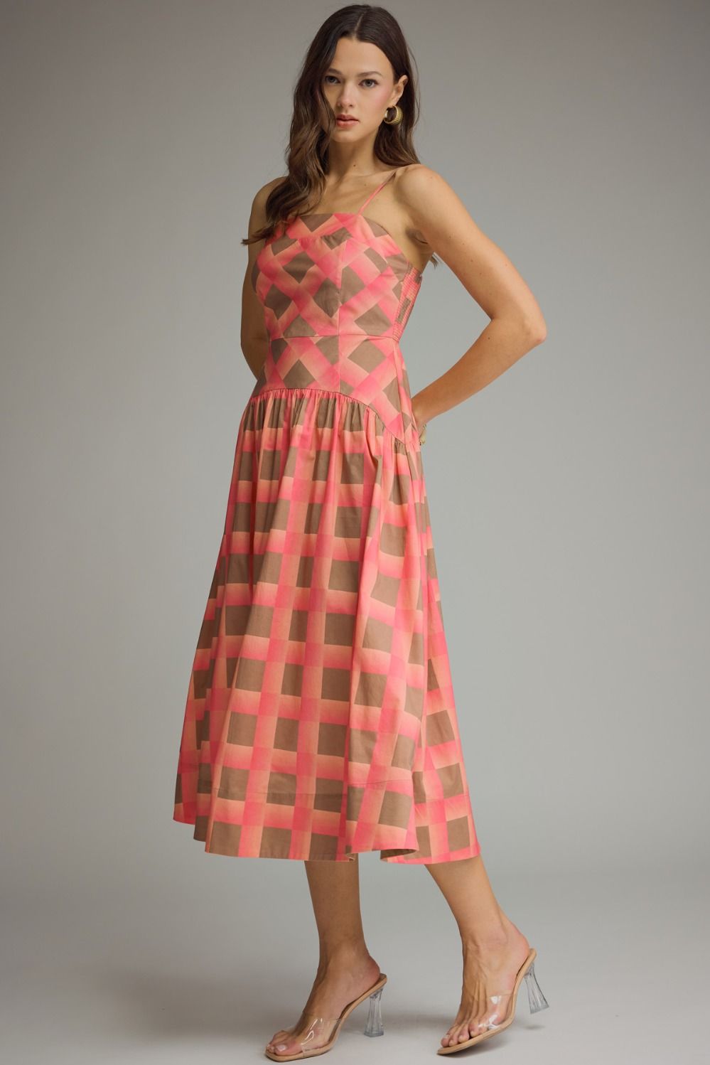ETO Plaid Smock Back Midi Dress-coral