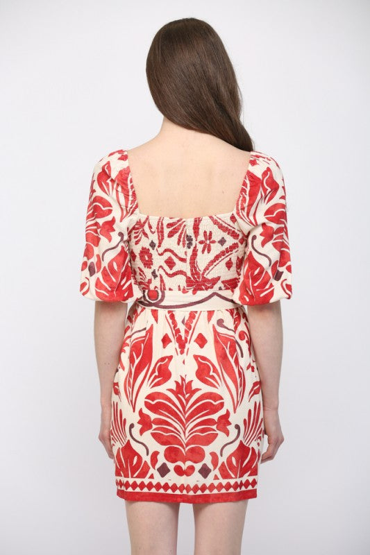 FT Tropical Linen Tie Waist Mini- Red