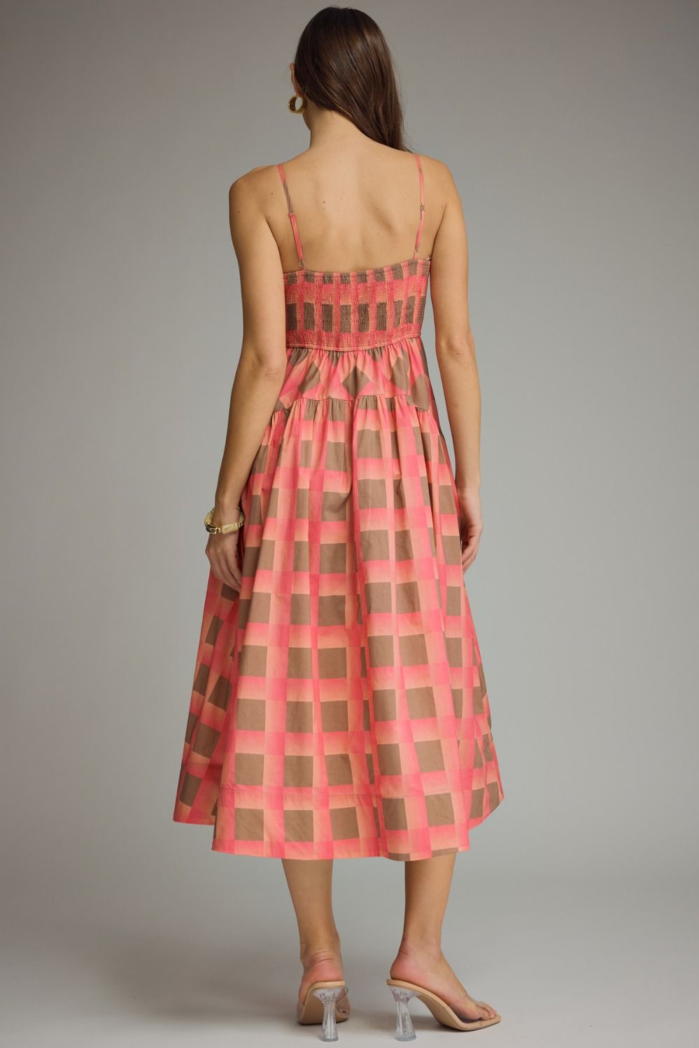 ETO Plaid Smock Back Midi Dress-coral