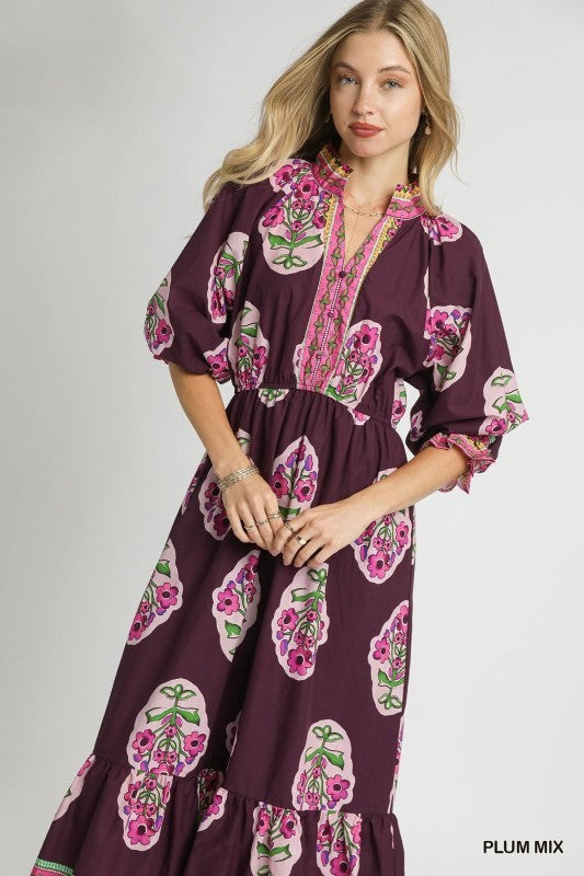 UPM Border Print Midi Dress Plum