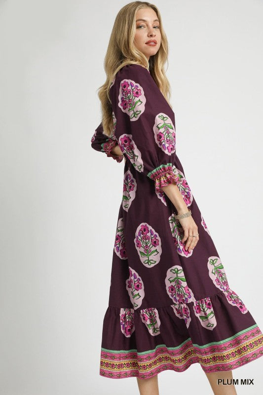 UPM Border Print Midi Dress Plum