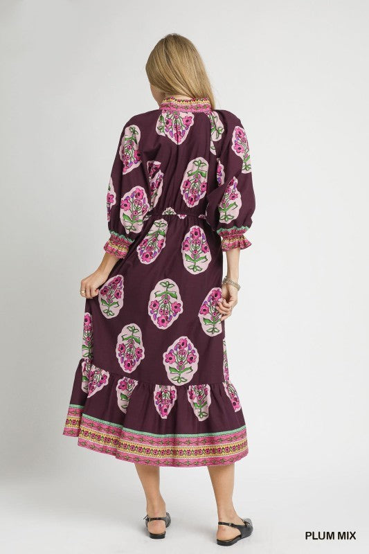 UPM Border Print Midi Dress Plum