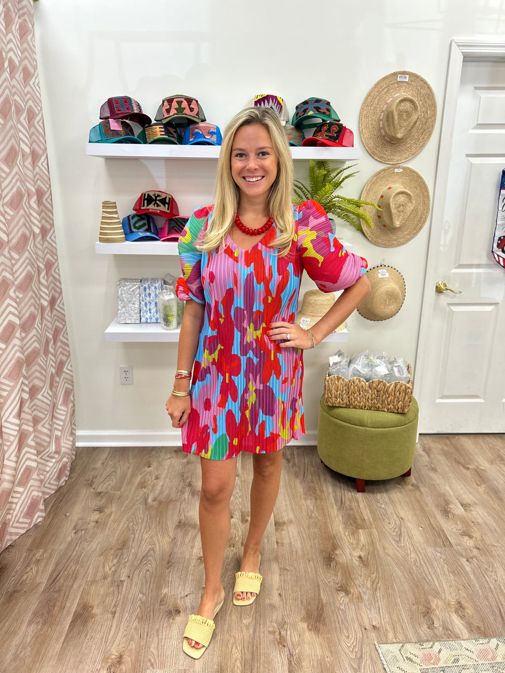 Karlie Big Floral Pleat Dress- red