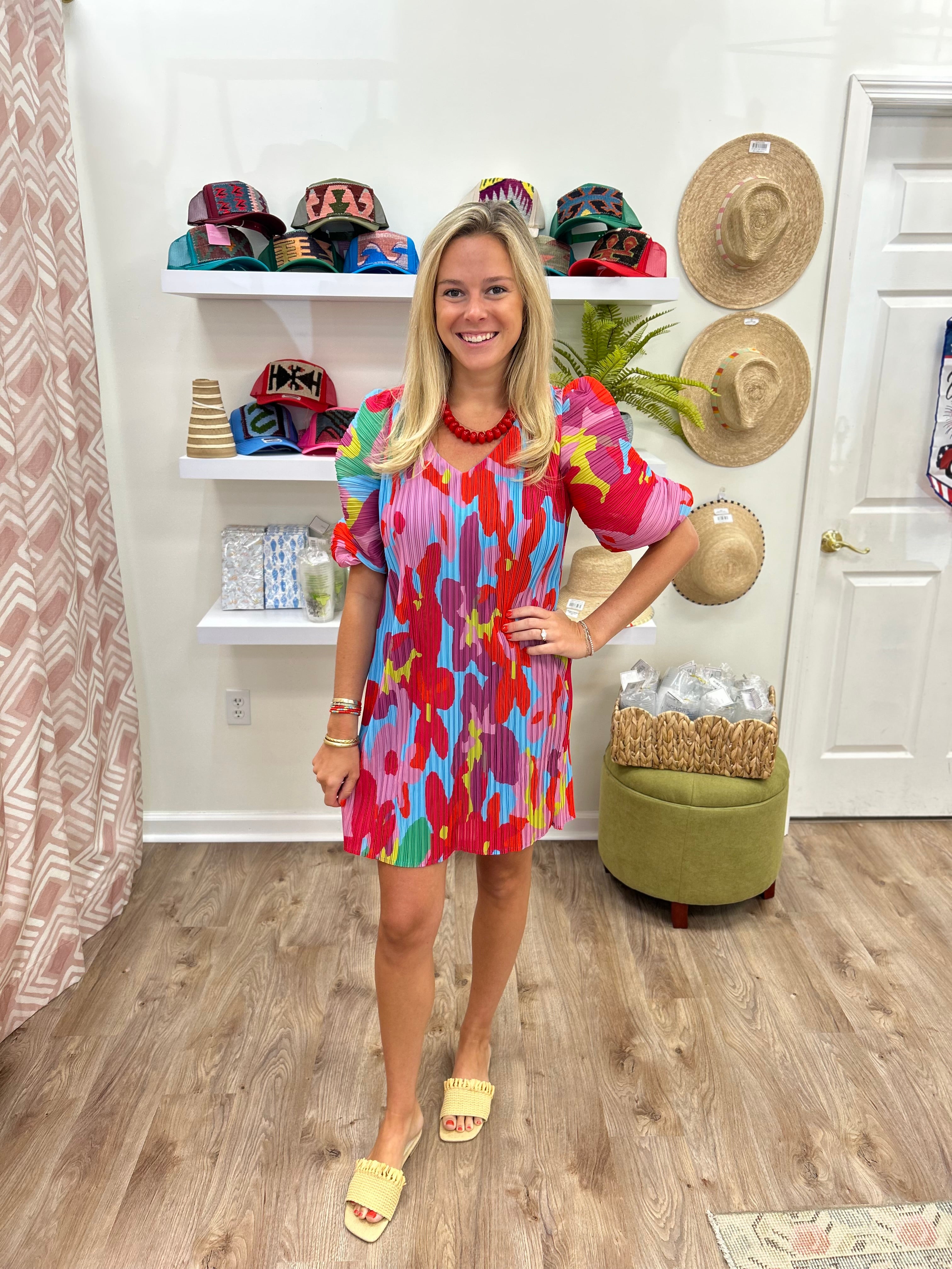 Karlie Big Floral Pleat Dress- red