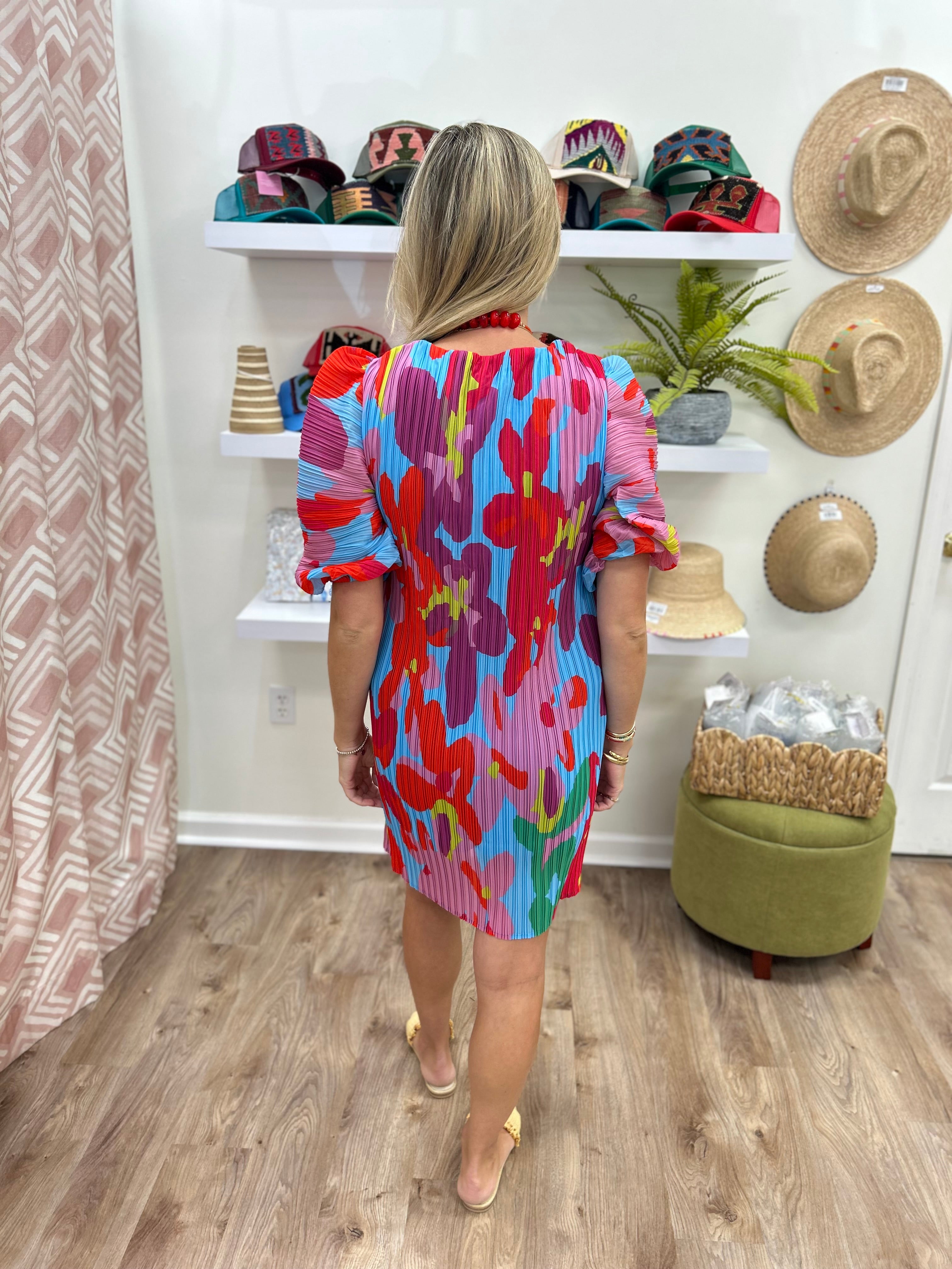 Karlie Big Floral Pleat Dress- red
