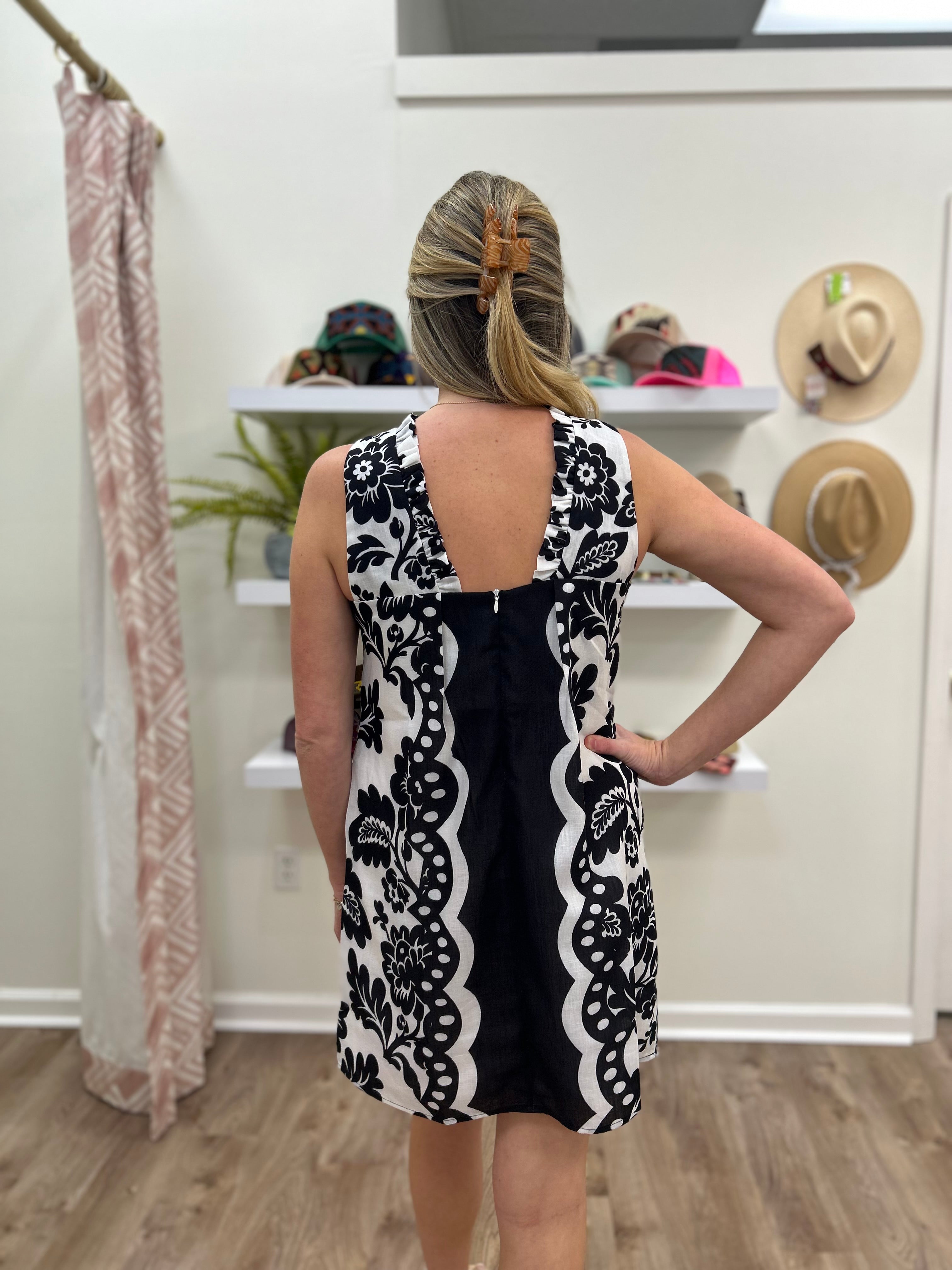 Joy Joy Scallop Noir Ruffle Neck Dress