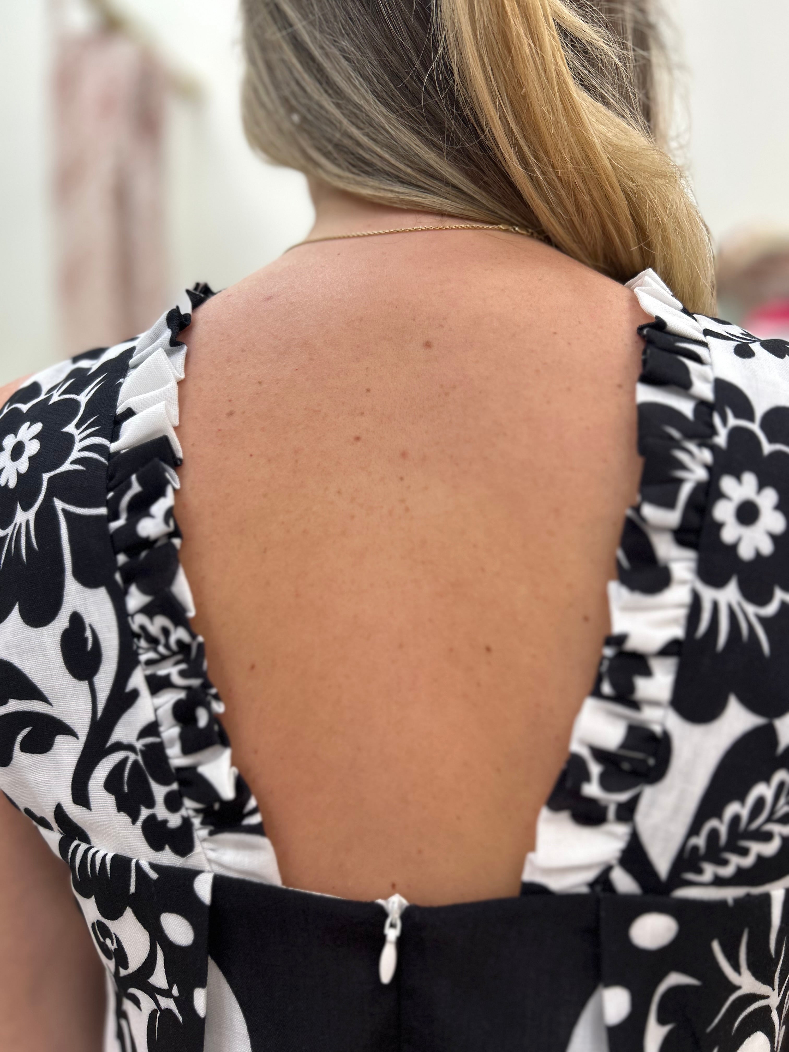 Joy Joy Scallop Noir Ruffle Neck Dress