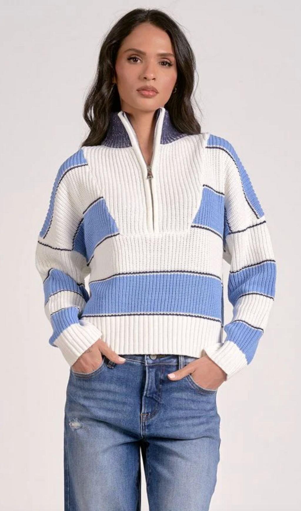 Elan Blue Striped Zip Sweater