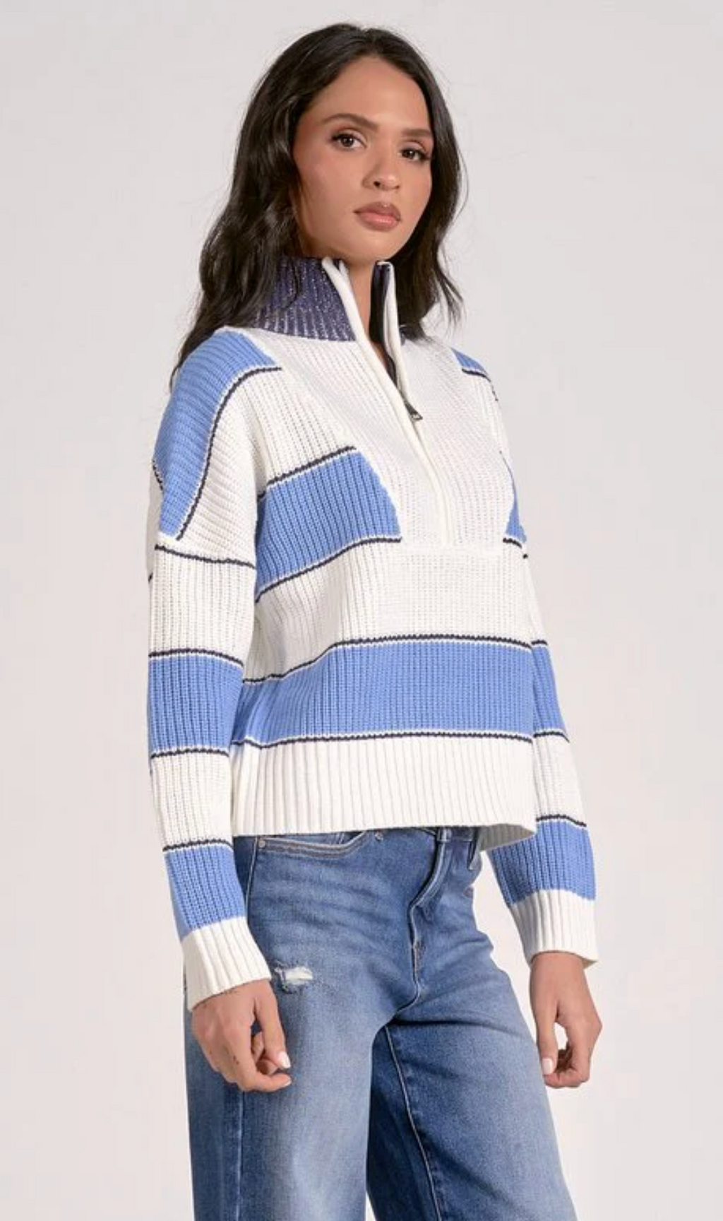 Elan Blue Striped Zip Sweater