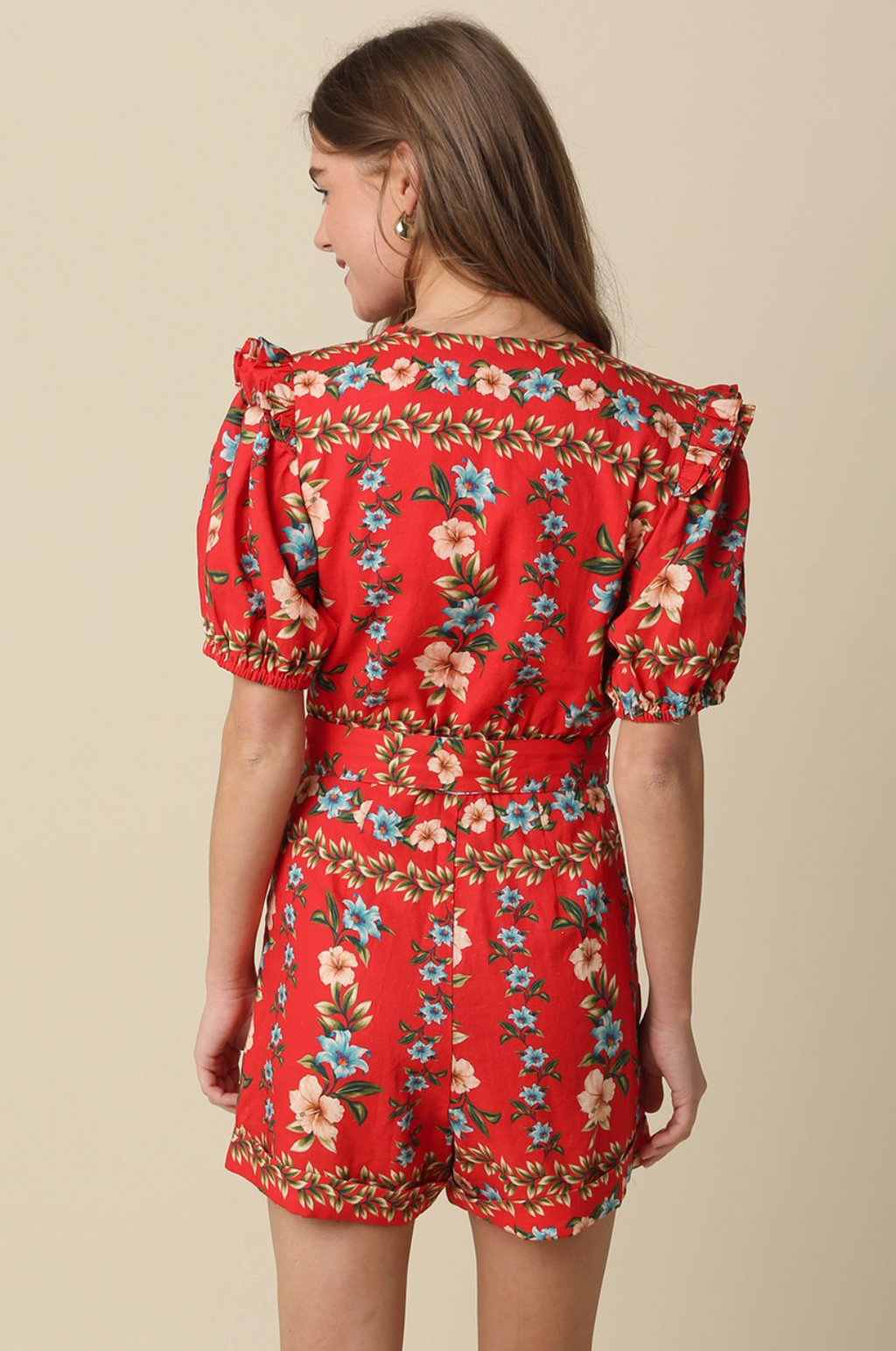 OLIV Floral Ruffle Belted Romper- red