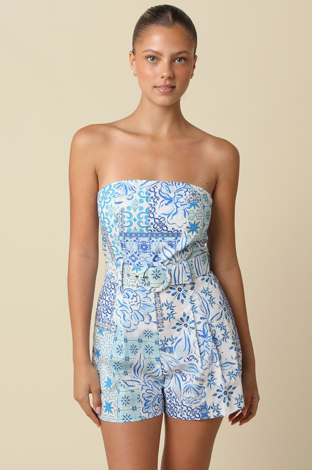 OLIV Strapless Belted Romper- blue
