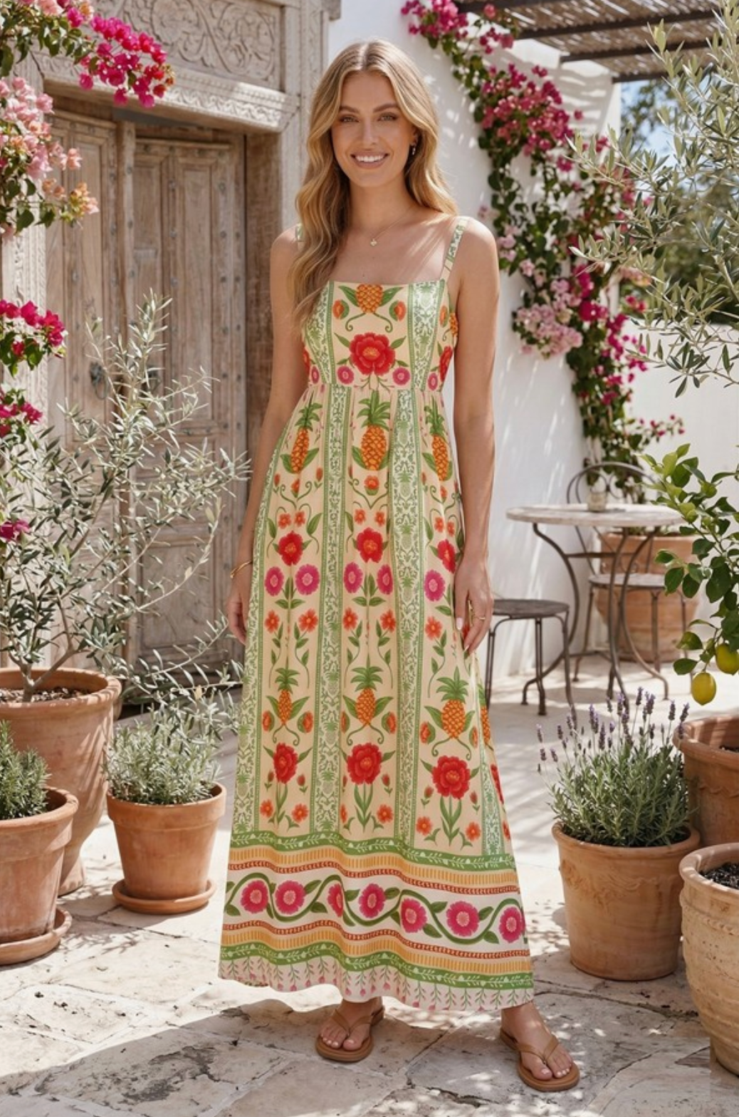 SU Floral Print Strap Maxi Dress-multi