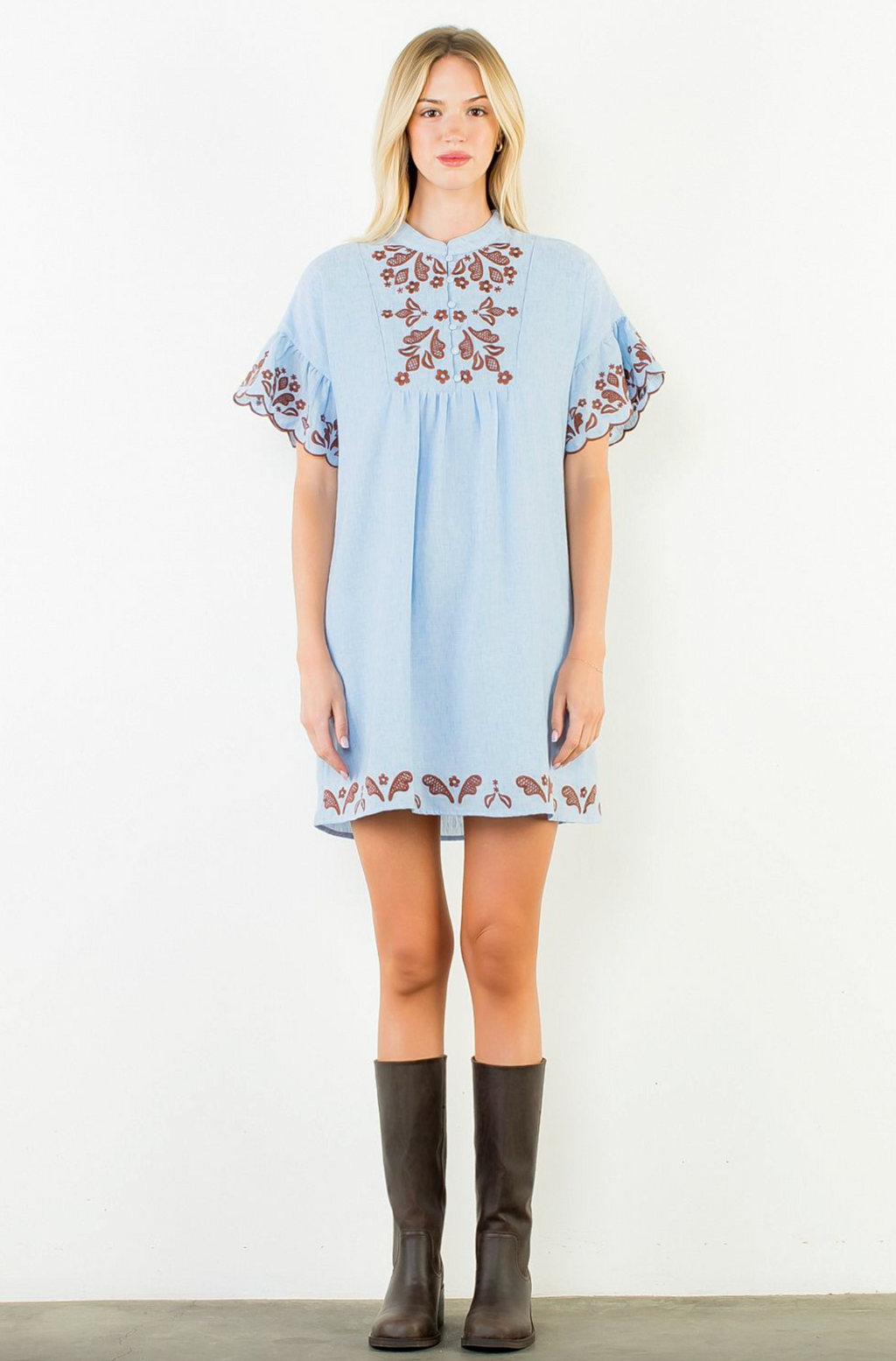 THML Flutter Sleeve Embroidered Dress
