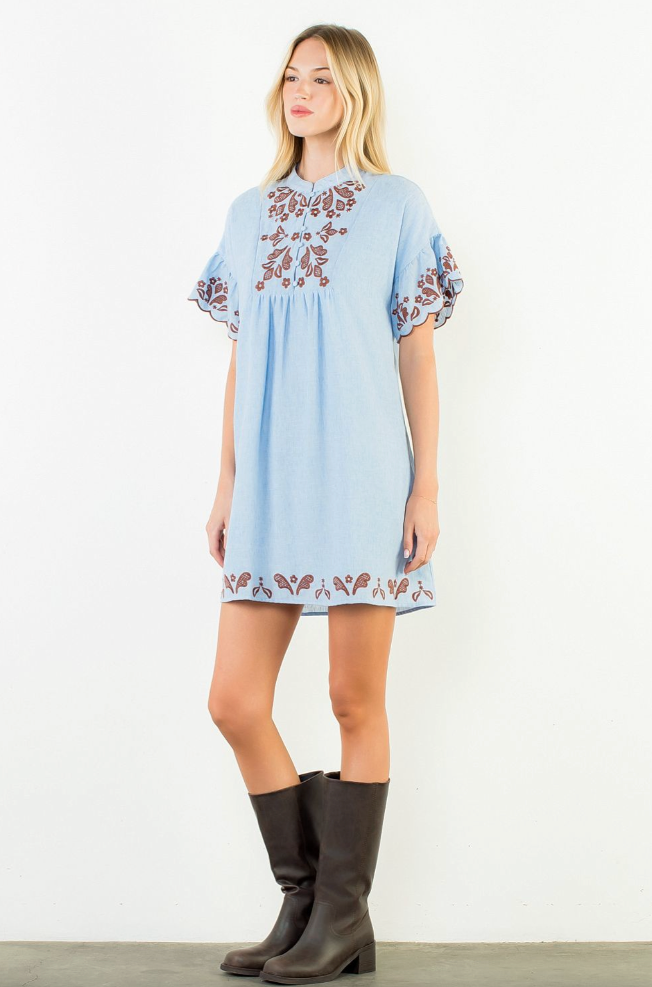 THML Flutter Sleeve Embroidered Dress