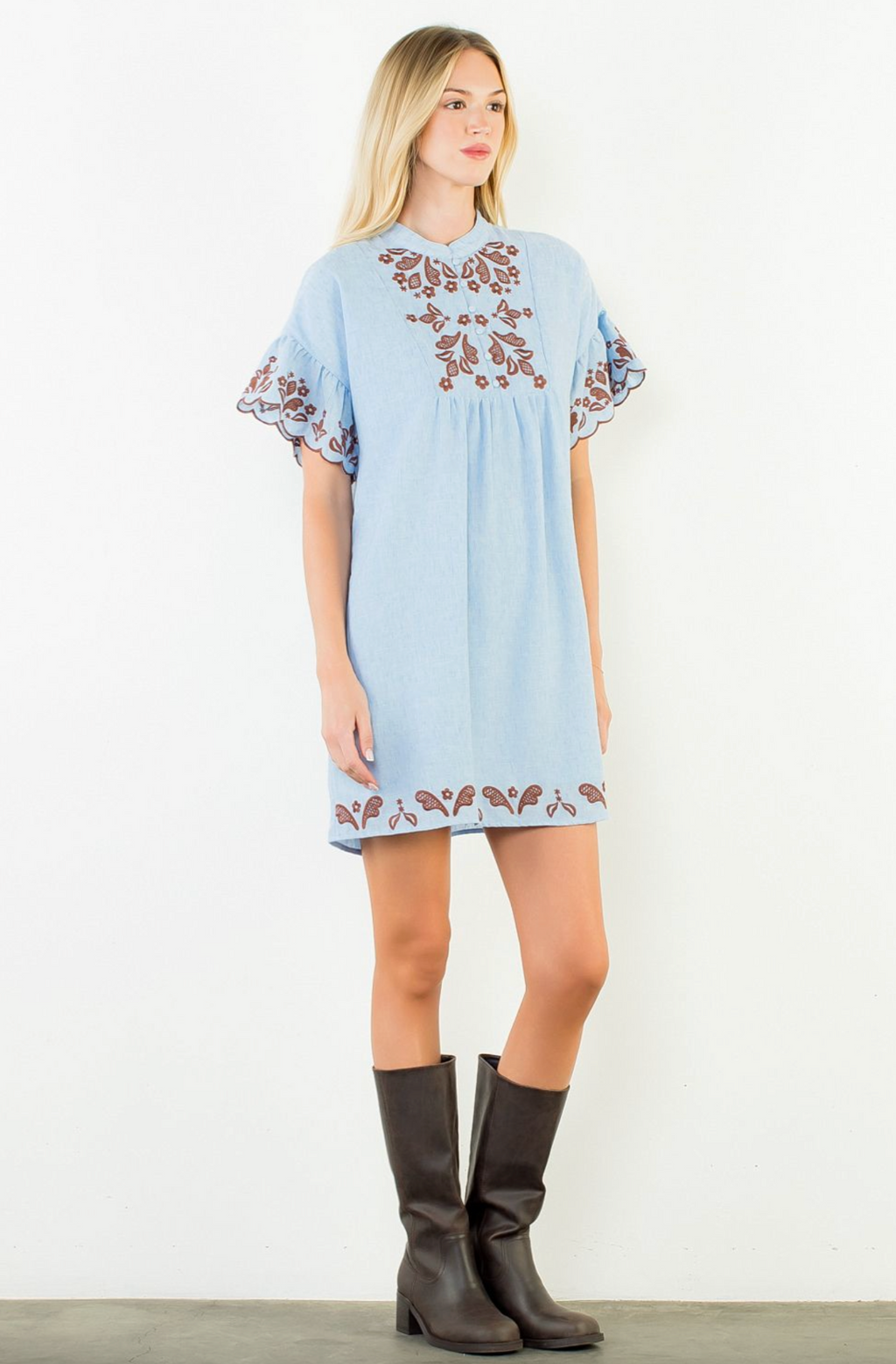 THML Flutter Sleeve Embroidered Dress