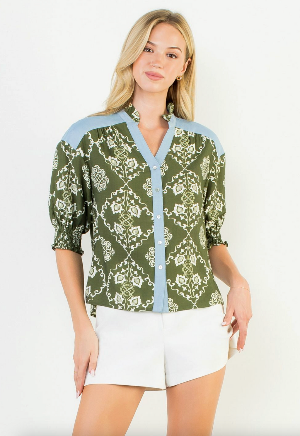 THML Blue Trim Button Blouse