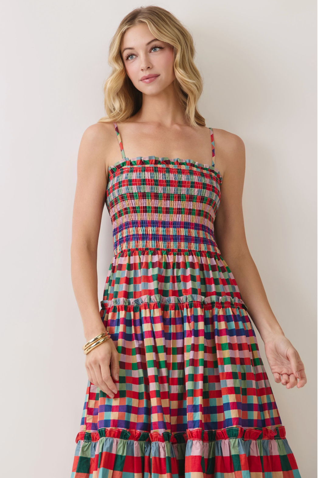 TC Smocked Bodice Plaid Midi