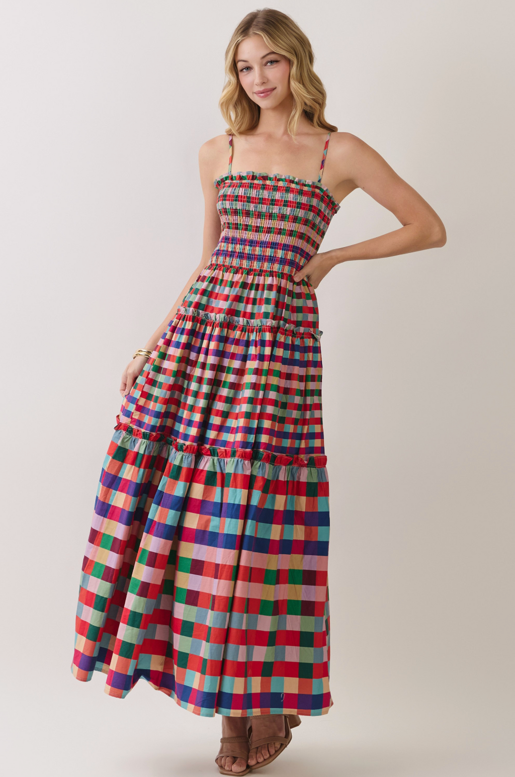 TC Smocked Bodice Plaid Midi