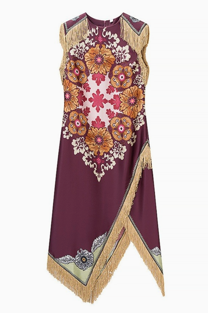 SU Printed Fringed Midi Dress- Burgandy