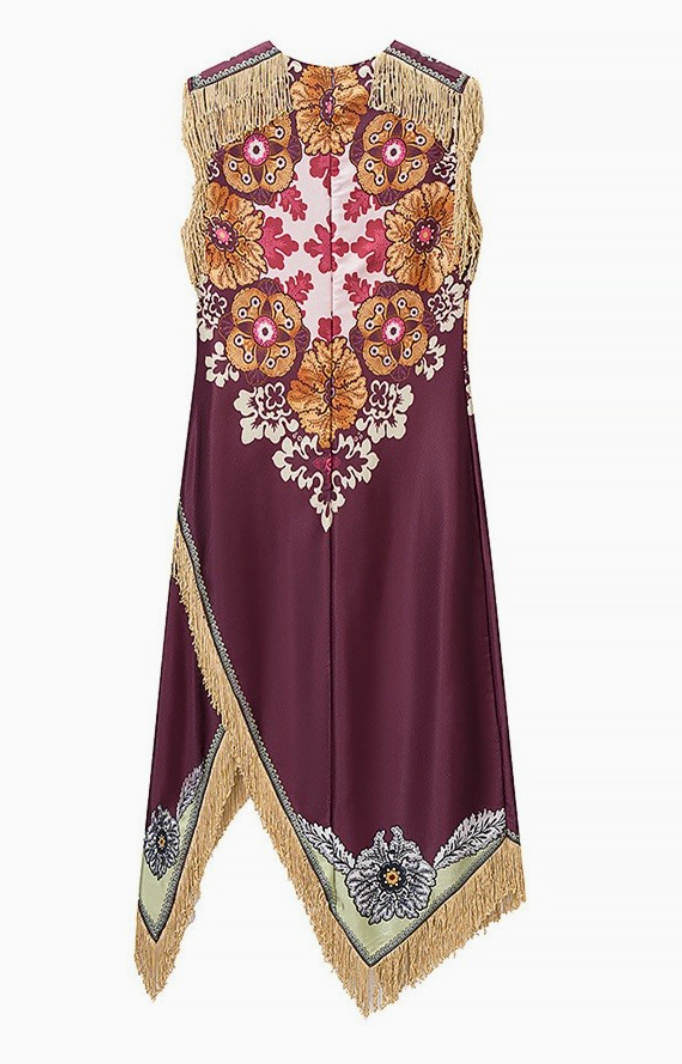 SU Printed Fringed Midi Dress- Burgandy