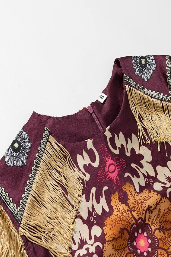 SU Printed Fringed Midi Dress- Burgandy