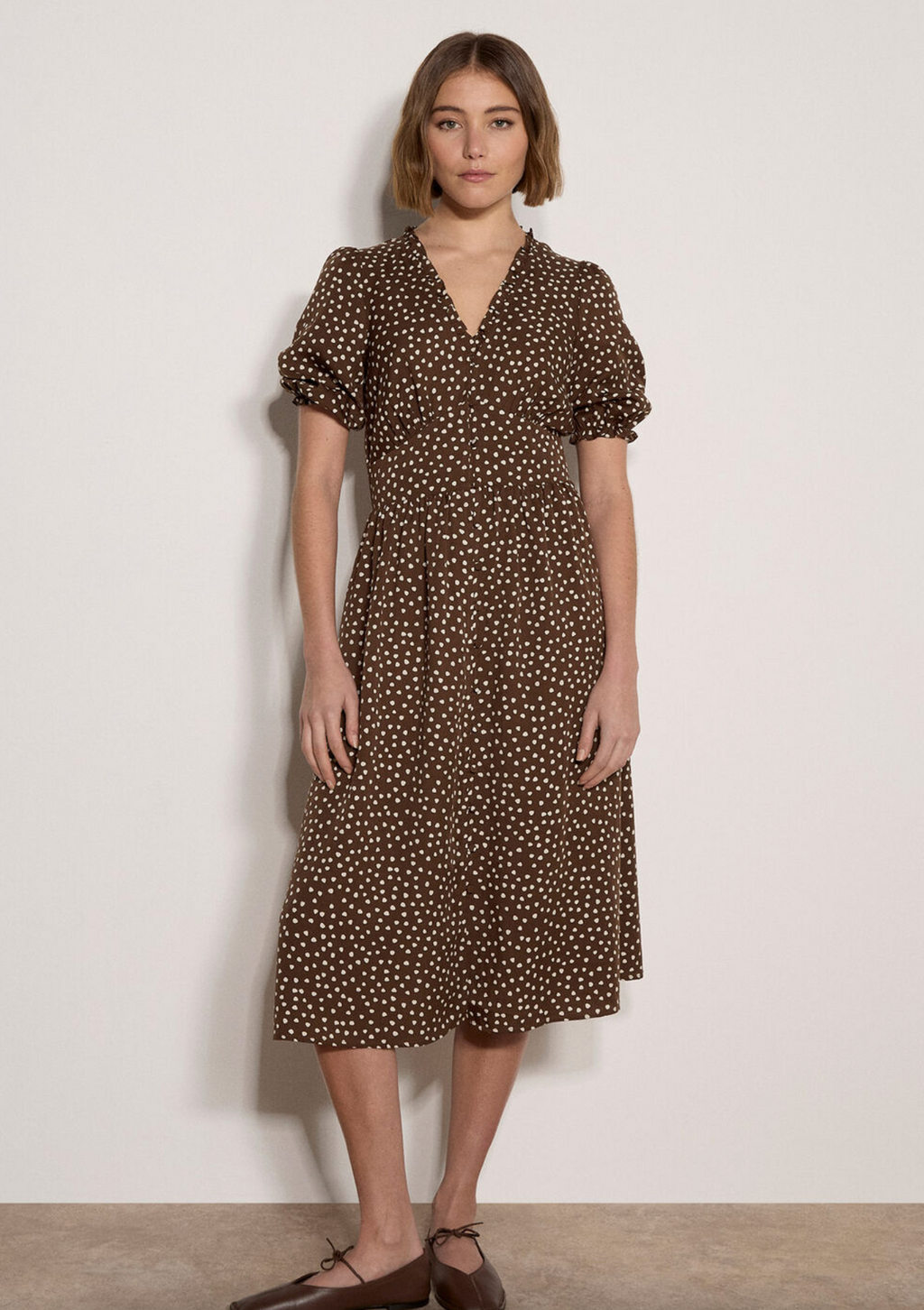 Apricot Mini Dot Button Midi Dress- brown