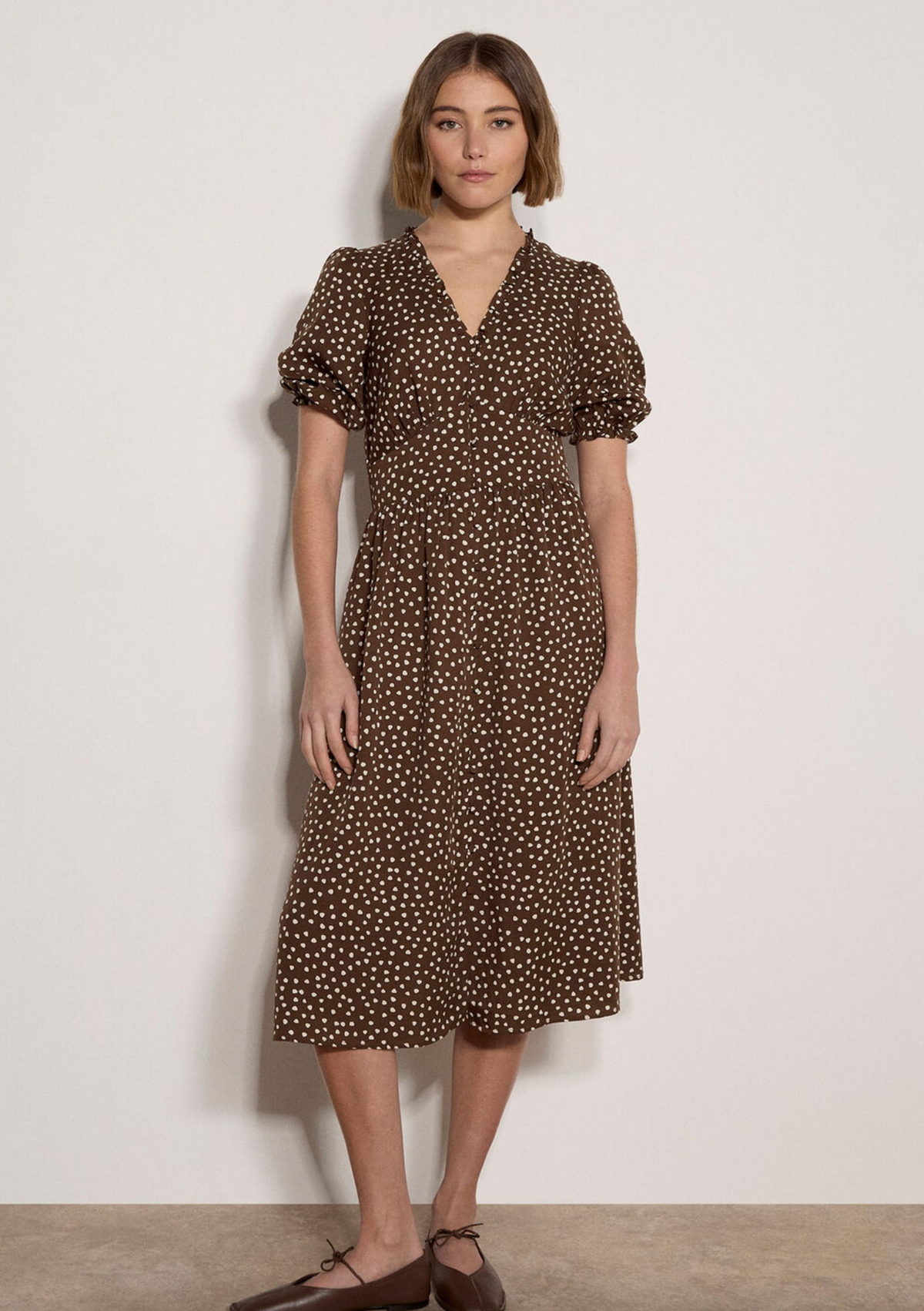 Apricot Mini Dot Button Midi Dress- brown