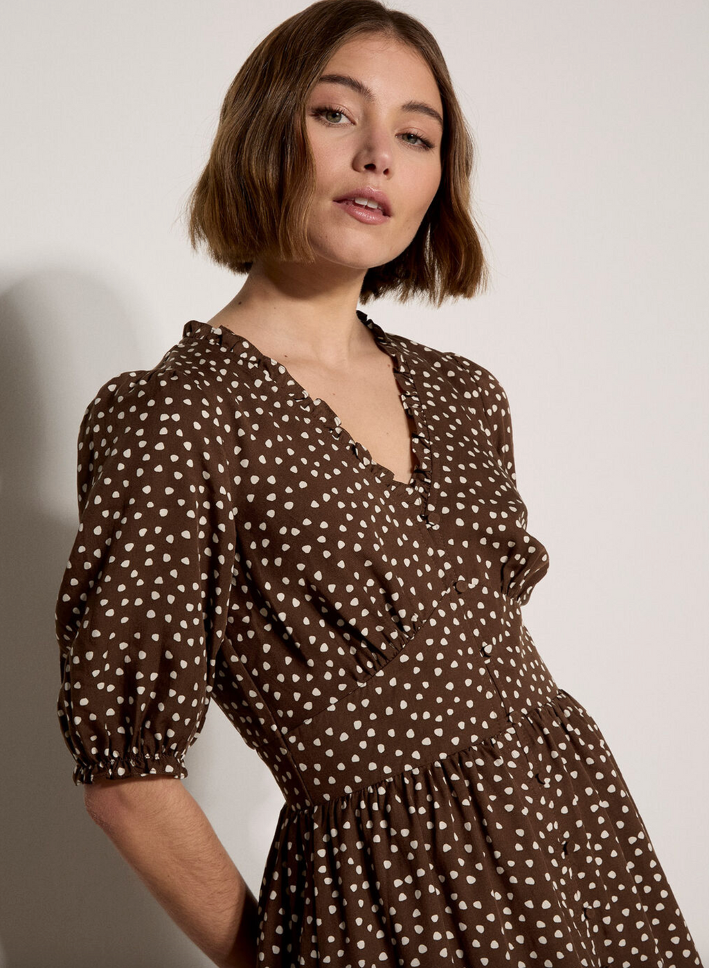 Apricot Mini Dot Button Midi Dress- brown