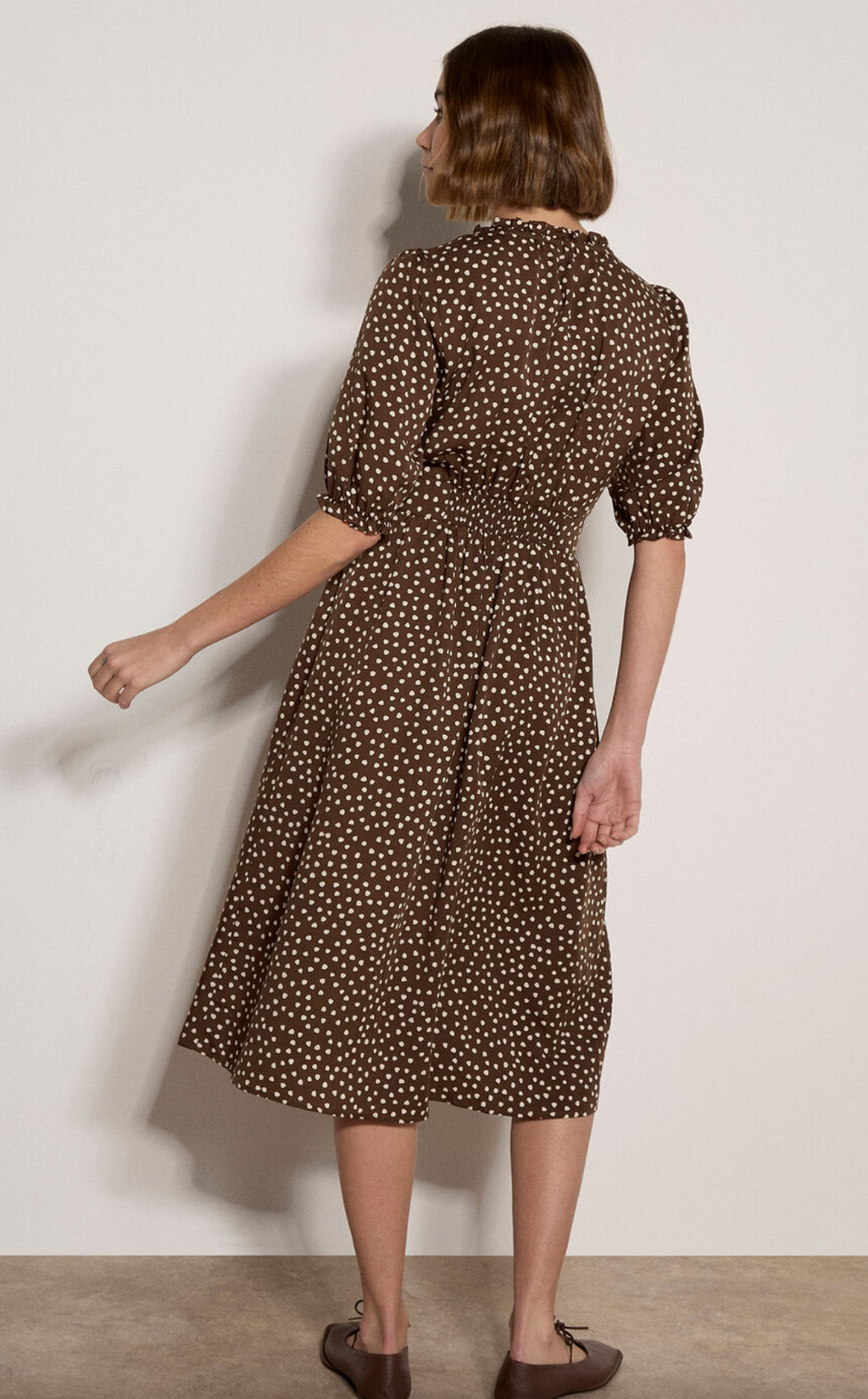 Apricot Mini Dot Button Midi Dress- brown