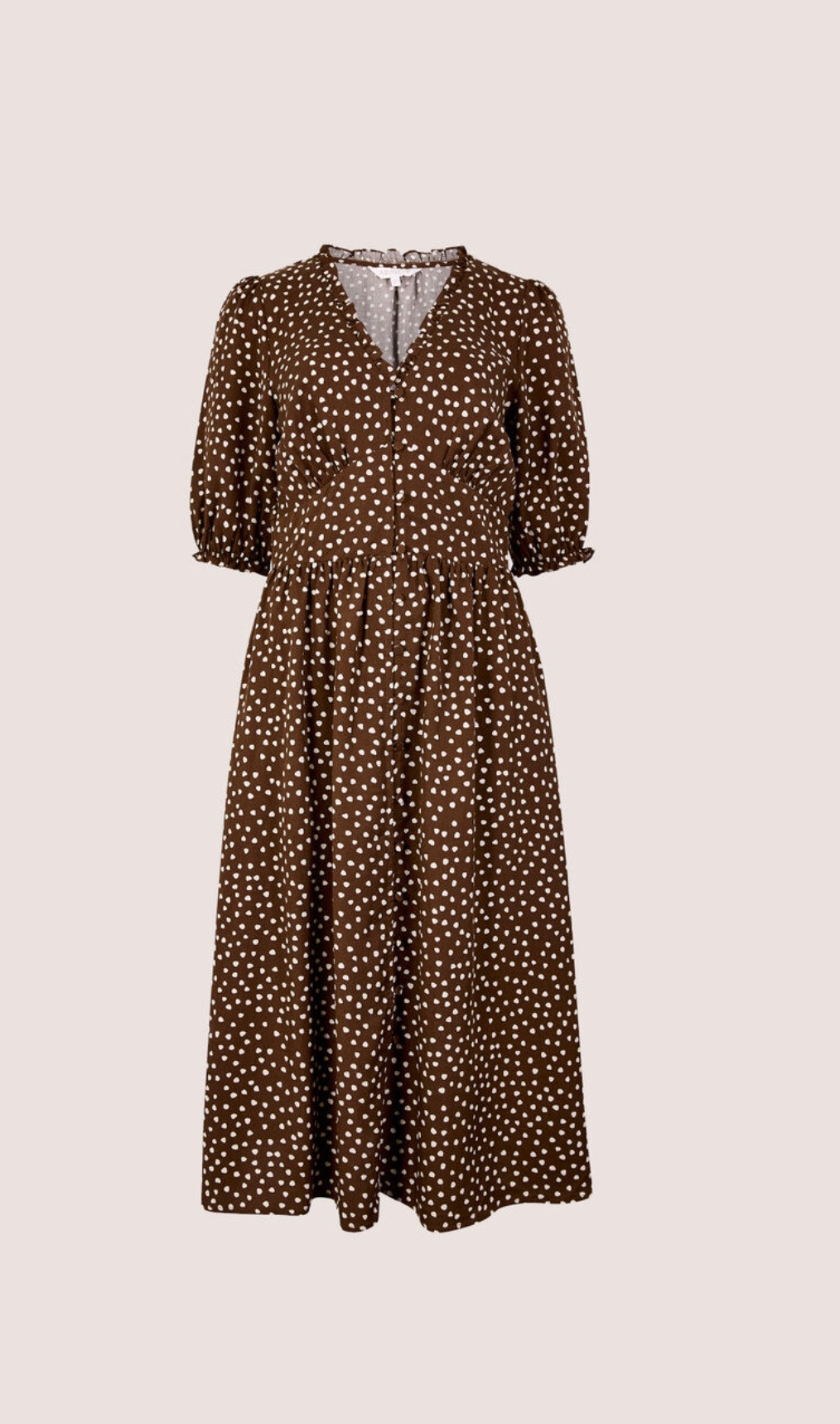 Apricot Mini Dot Button Midi Dress- brown