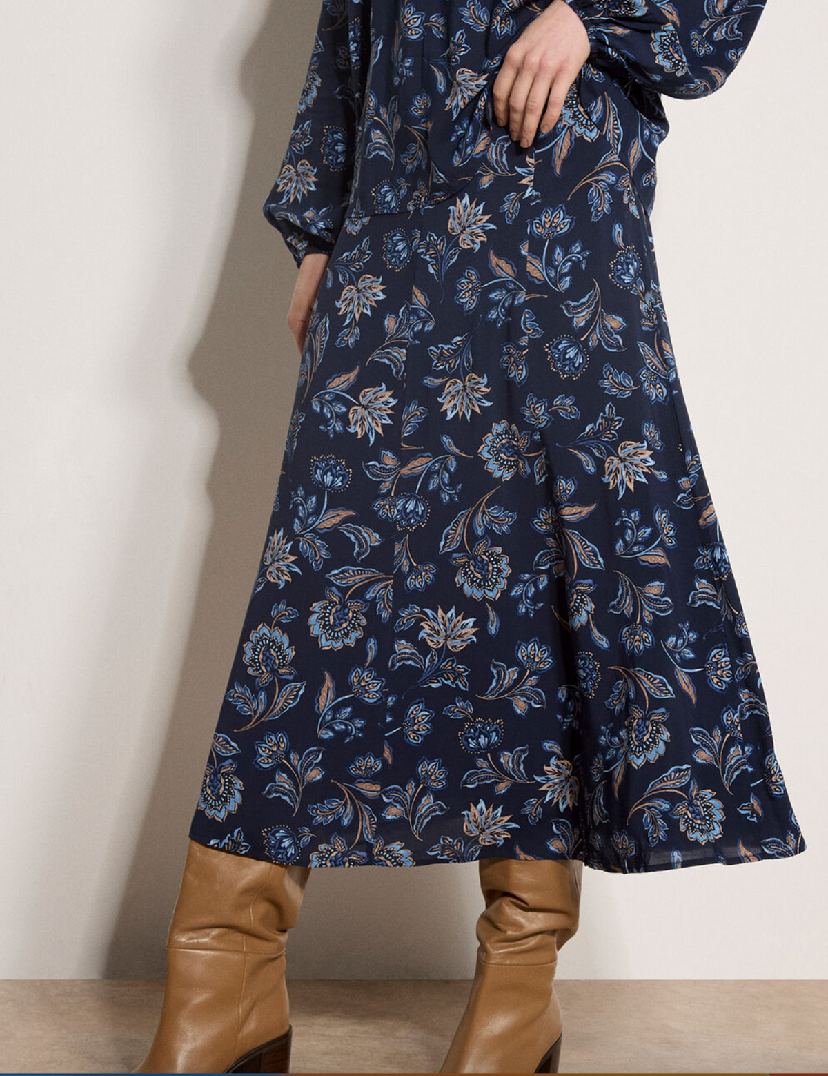 Apricot Painterly Sarasa Midi Skirt- Navy