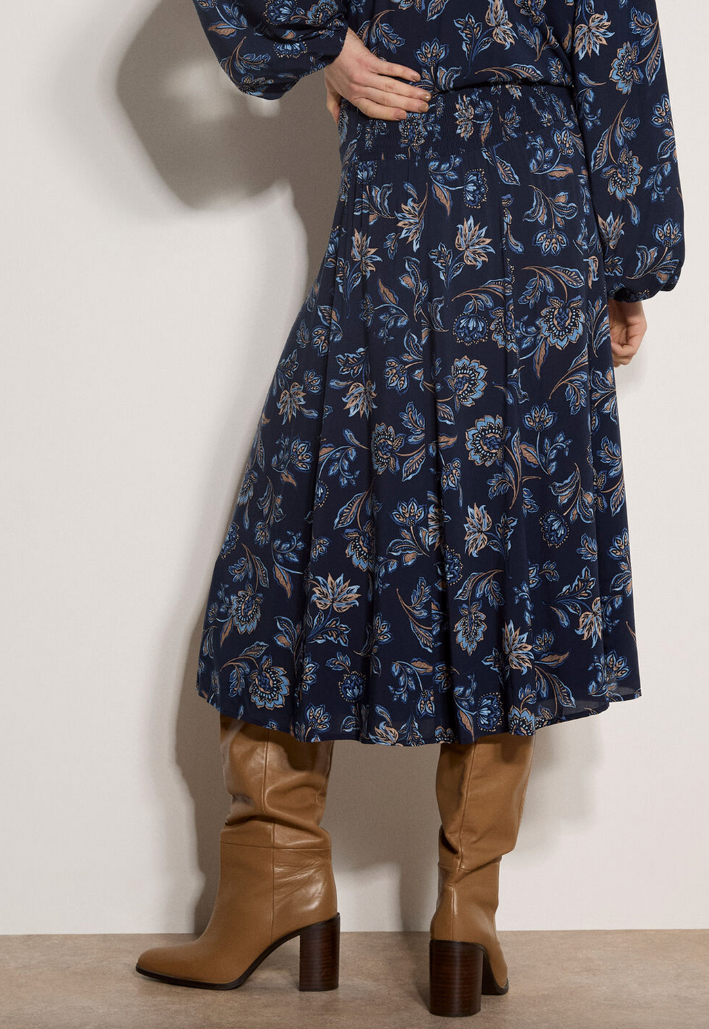 Apricot Painterly Sarasa Midi Skirt- Navy