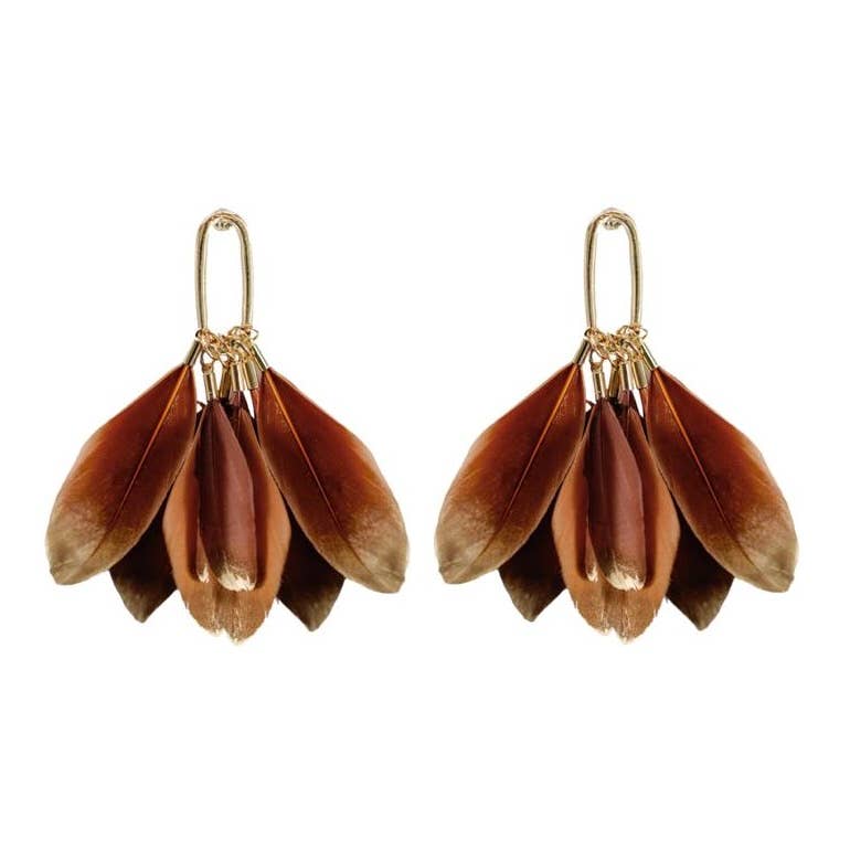 Caramel Gold Dipped Fall Feathers Statement Earrings