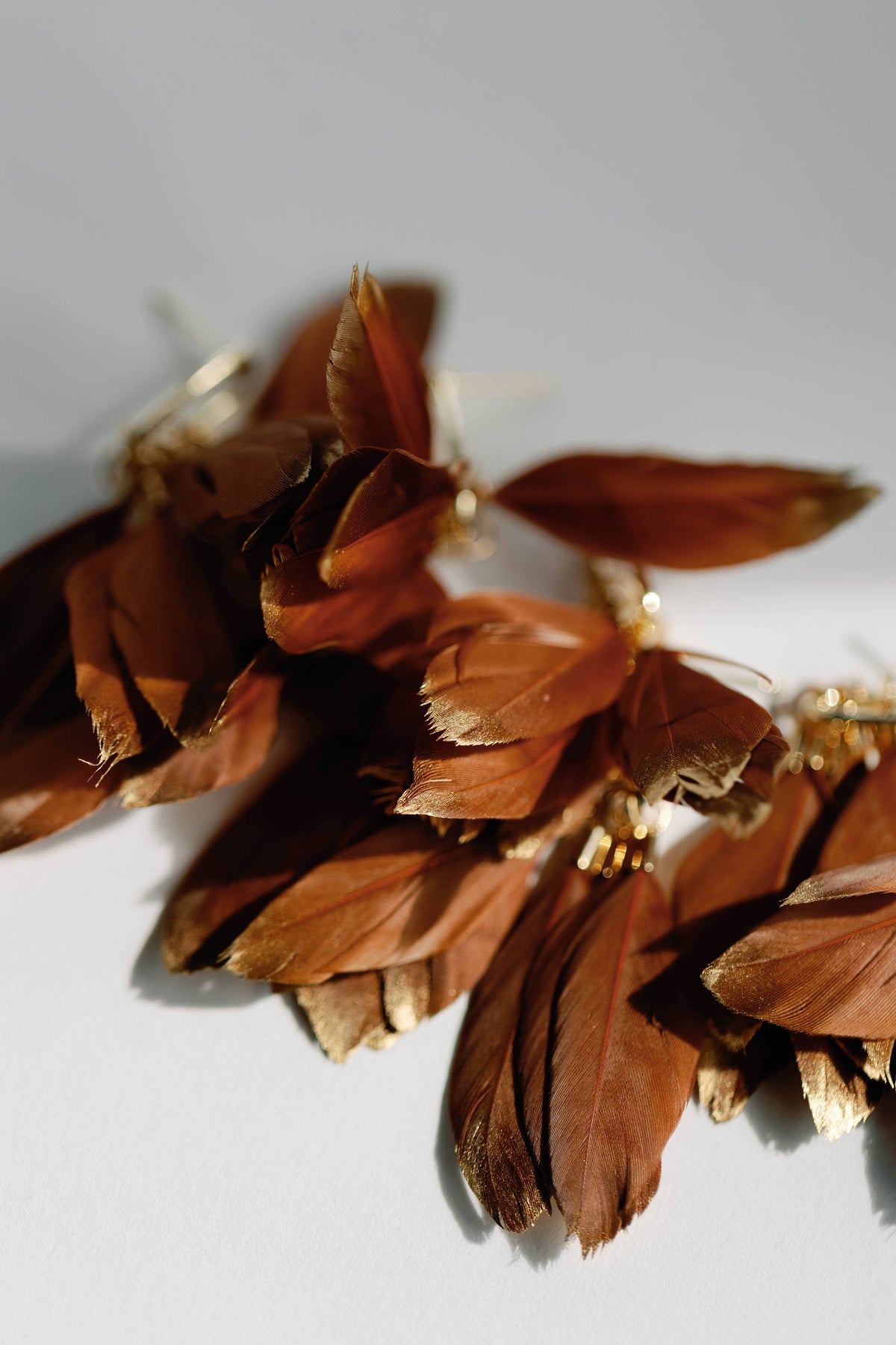 Caramel Gold Dipped Fall Feathers Statement Earrings